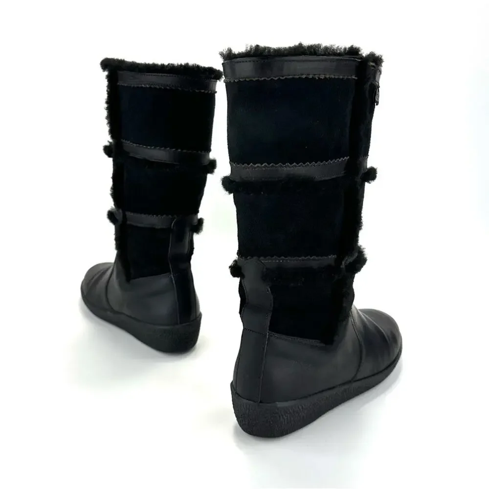 Dival Italy Elisa Black Winter Boot Sz 8 Leather Wool Lining Low Wedge Mid-Calf